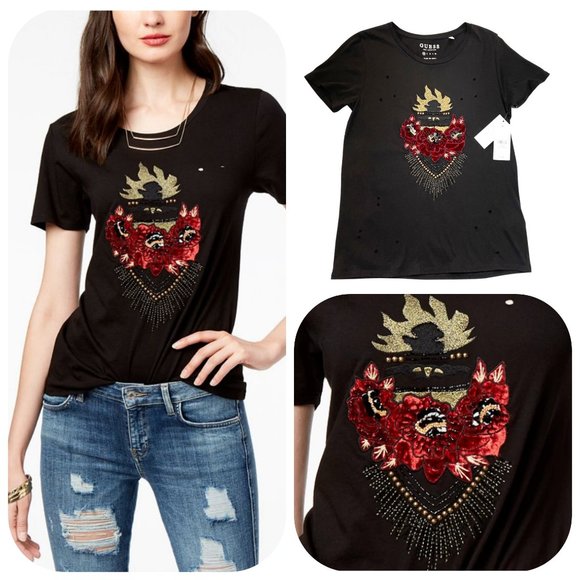 Guess Tops - NWT GUESS Studded-Appliqué Ripped T-Shirt